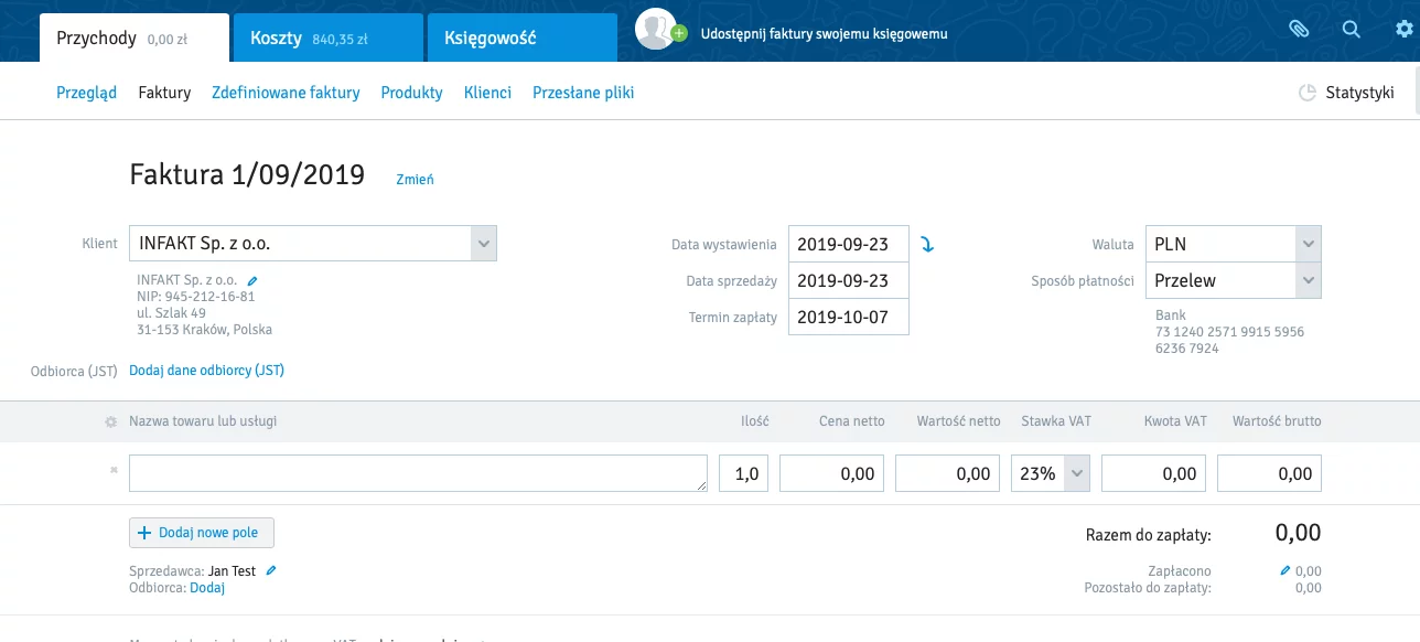 Księgowanie faktury w inFakt.pl